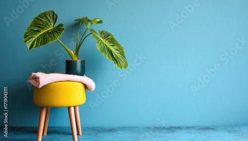 Vibrant teal wall, yellow stool, pink towel, plant