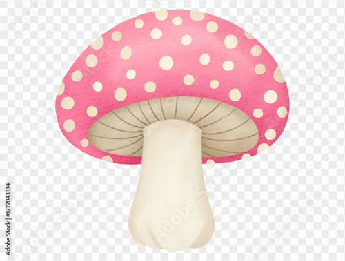 Cute watercolor pink spotted mushroom spooky halloween decoration Vector.