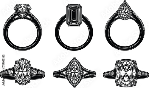 Elegant engagement ring collection, round, emerald, pear, oval, marquise, and cushion cut diamond designs, luxury jewelry set, vector illustration