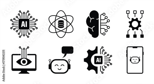 Artificial Intelligence and Machine Learning Icon Set – Vector Illustration of AI Chip, Neural Network, Data Science, Computer Vision, Chatbot, Automation, and Mobile Assistant for Technology and Inno