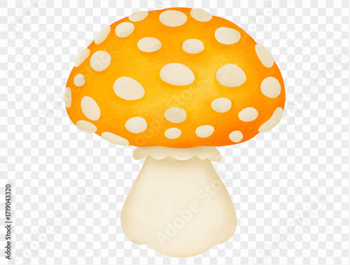 Bright watercolor orange spotted mushroom halloween fungi Vector.