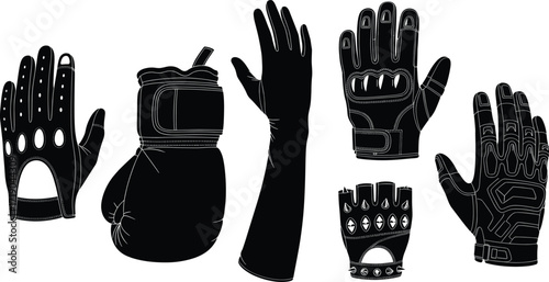 Glove icon set, assorted sports, tactical, and protective handwear designs, black silhouette clothing accessories, vector illustration