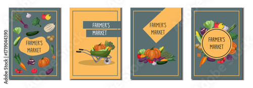 Vector set of posters for farmer's market with fresh vegetables, pumpkins, wheelbarrow and garden harvest. Ideal for market promotion, organic food advertising, healthy lifestyle design.