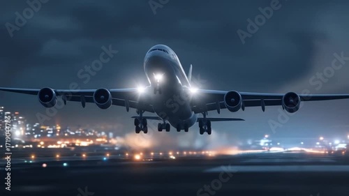 Airplane taking off at night with city lights in the background, showcasing aviation technology