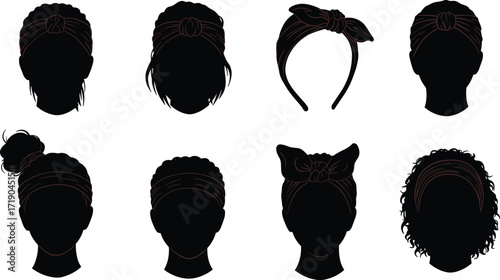 Headwrap and headband icon set, assorted knotted, twisted, and bow-tied designs on female heads, black silhouette fashion accessory vector illustration