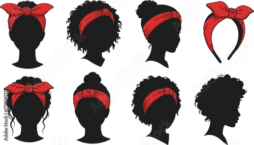 Headband hairstyle icon set, assorted women’s hair an illustration