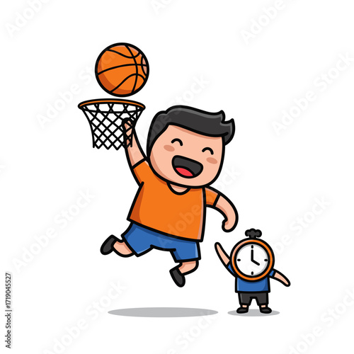 Cartoon Boy Dunking Basketball with Clock Character