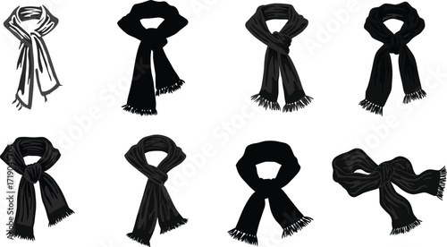 Scarf icon set, assorted tying styles and drape designs, black silhouette winter fashion accessories, vector illustration
