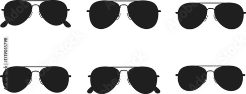 Sunglasses icon set, assorted aviator frame designs, black silhouette fashion eyewear, vector illustration