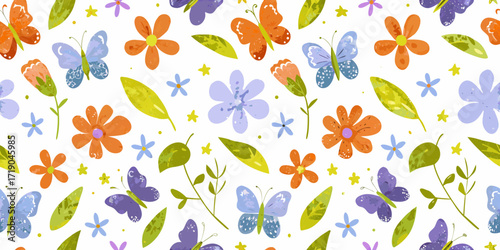Seamless pattern of colorful butterflies and delicate flowers with green leaves and yellow stars on a white background