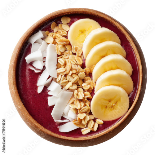 Creating a tropical acai smoothie bowl in a coconut shell for stunning photography, isolated on transparent background