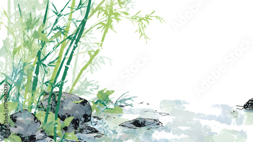 Serene bamboo and rocks by calm water