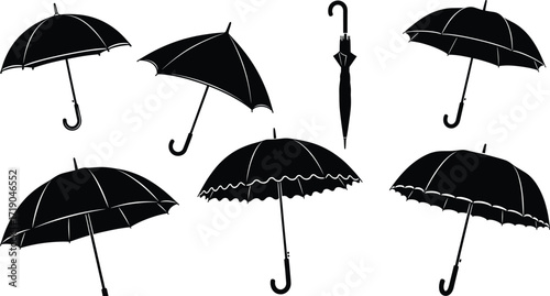 Umbrella icon set, assorted dome, scalloped, and closed canopy designs, black silhouette weather protection symbols, vector illustration