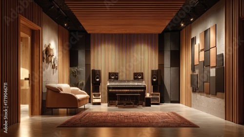 Elegant minimalist recording studio with warm wooden accents, acoustic wall panels, and modern decor
