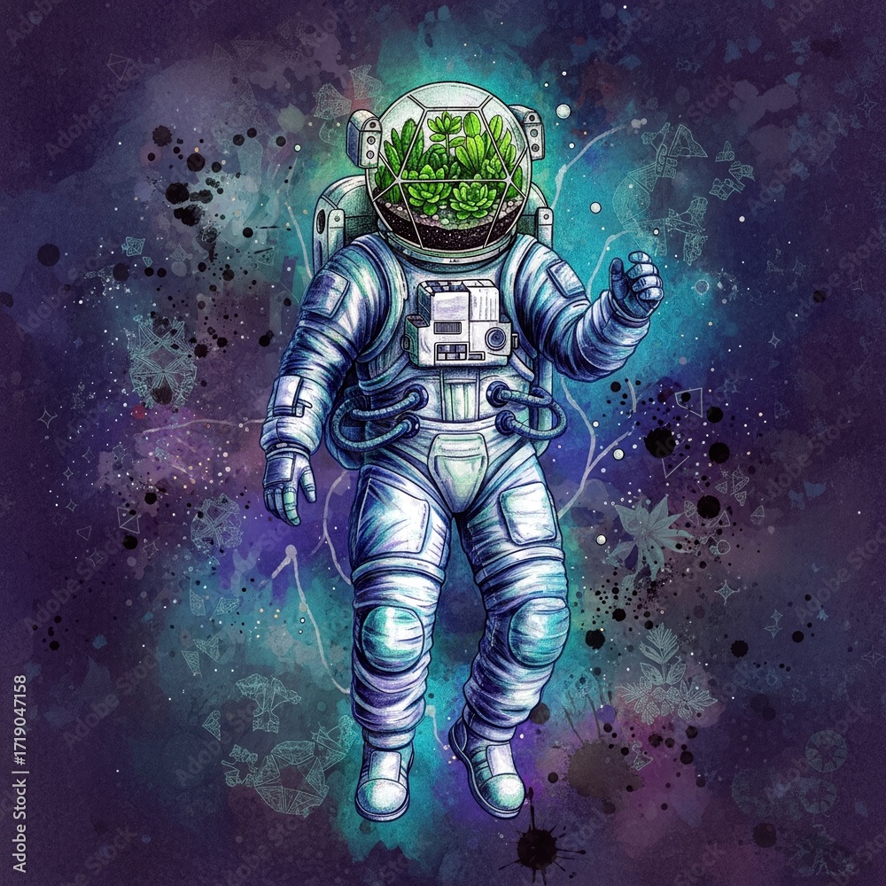 Fototapeta premium Astronaut with a garden in the helmet, floating in space
