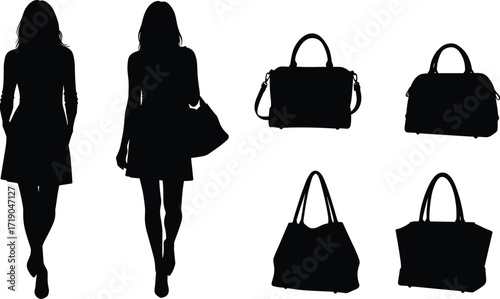 Women with handbags and purse icon set, female fashion silhouettes with assorted bag designs, black vector illustration