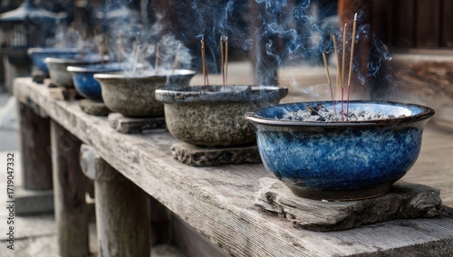 Incense burners on a weathered wooden bench