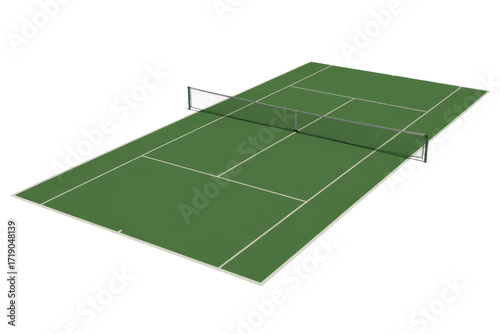 A top-down view of an empty green tennis court with a net. background removed