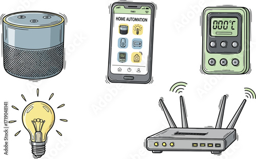 Illustration showing smart home automation devices including speaker phone and smartphone app control