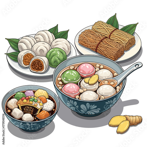 Assortment of Asian dumplings, tangyuan, and other traditional foods.