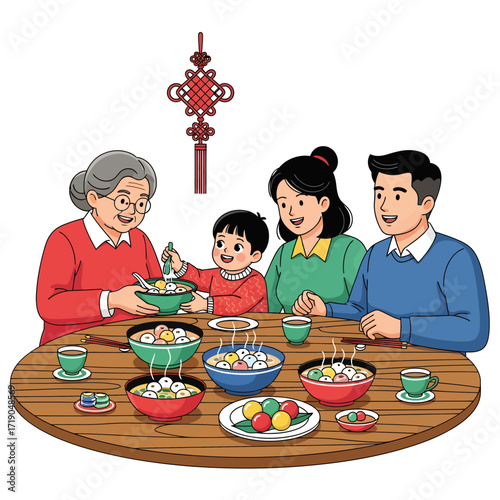 A family gathers around a table, enjoying a meal of sweet dumplings, celebrating a festive occasion.
