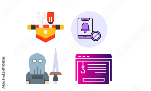 Four diverse icons: security, notification, phishing, and hacker.