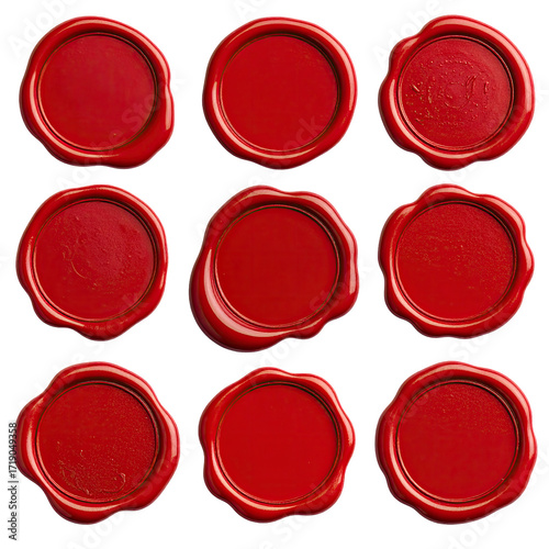 Nine round, vibrant red wax seals arranged in a grid.  Each seal is smooth, glossy, and shows a slightly uneven texture