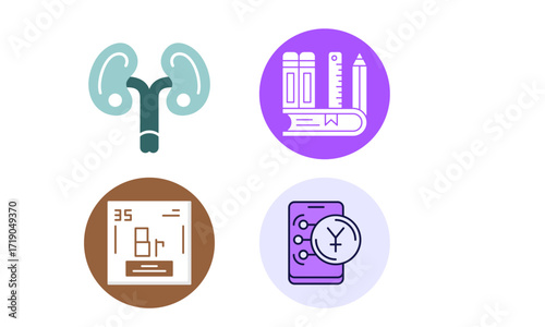 Four circular icons depicting medical, educational, scientific, and financial concepts.