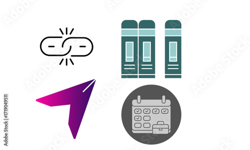 Four icons representing broken link, books, arrow, and calendar with briefcase.