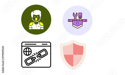 Four icons: person, toolkit, broken link, shield.