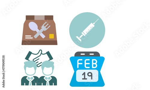 Essential Icons Food Delivery, Vaccination, Partnership, and Date