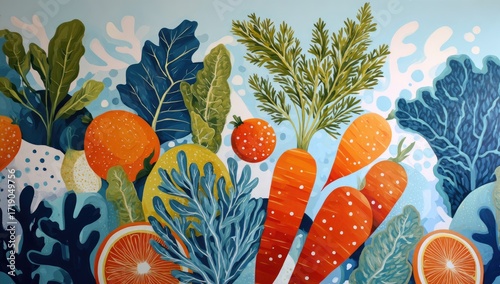 Wallpaper Mural Vibrant mural of fruits and vegetables splashing in a light blue background Torontodigital.ca