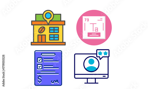 Four colorful icons depicting business, finance, and customer review.
