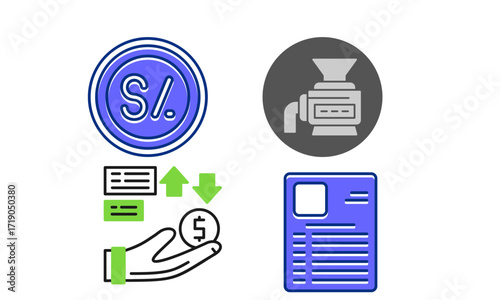 Collection of four distinct icons representing financial transactions, industrial machinery, and personal documentation.