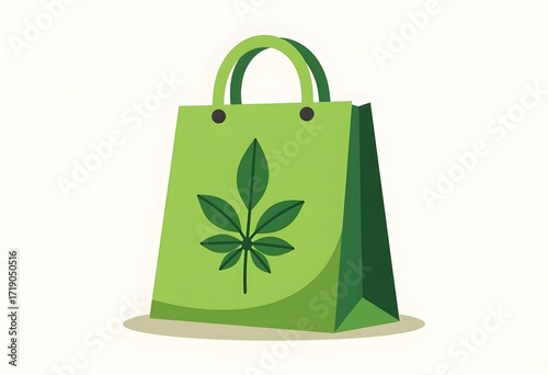 Eco friendly packaging concept. Recycled green paper shopping bag with handle and green branches leaves isolated on green background. Zero waste concept.