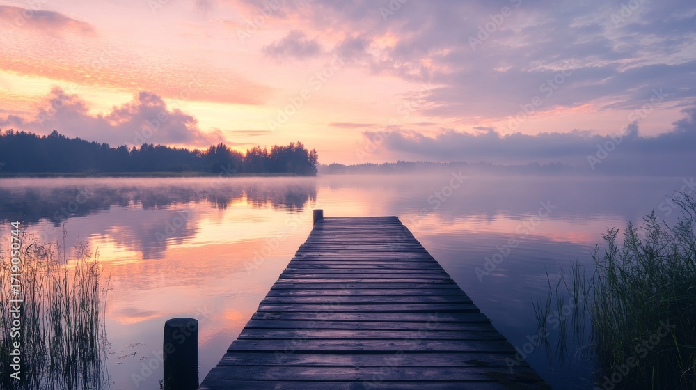 Obraz premium A wooden dock extends into a still lake at sunrise, with fog rolling in and a pink and orange sky reflecting in the water.