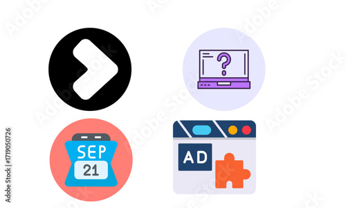 Icons representing navigation, support, calendar, and advertising, arranged in a grid.