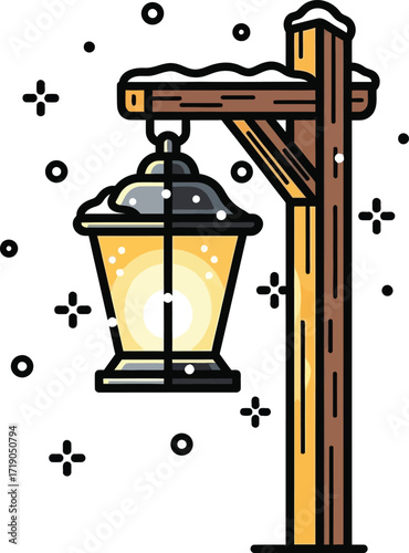 Vector art of vintage street lamp with snow falling