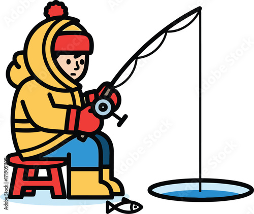 Vector art of person ice fishing on a frozen lake with a fishing rod