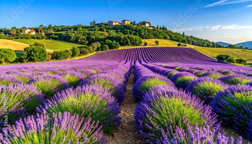 Vibrant purple lavender fields stretch towards rolling hills and charming villas under a brilliant blue sky, evoking tranquility and natural beauty.