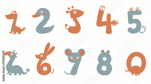 A whimsical vector illustration presents the numbers one through zero, each creatively designed as a different animal, perfect for educational materials and children's designs.