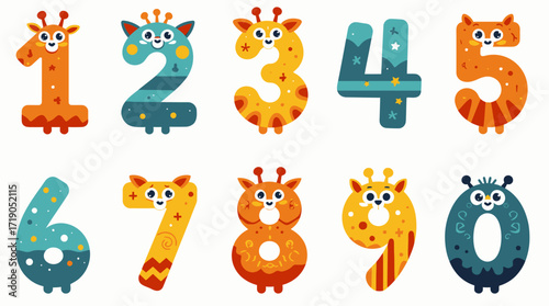 A vibrant vector illustration showcases a collection of whimsical number characters, each adorned with playful giraffe-inspired designs, perfect for educational materials and children's projects.