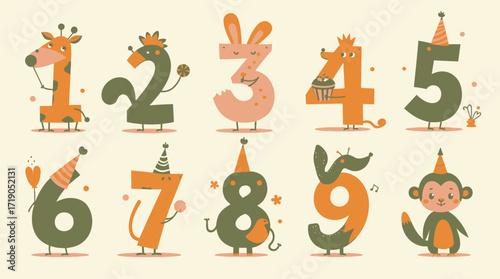 Cute cartoon numbers 1 through 10 presented as adorable animals wearing party hats, perfect for children's educational materials and invitations.