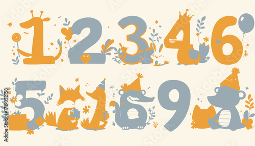 Cute animal vector numbers 1-9, perfect for kids' designs, children's books, invitations, or party decorations; available as a high resolution PNG file.