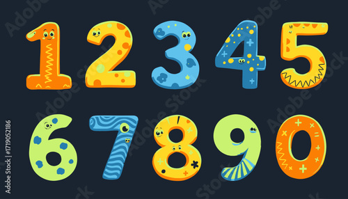 A vibrant vector illustration showcases a collection of colorful, whimsical numbers from zero to nine, perfect for educational materials or playful design projects against a dark background.