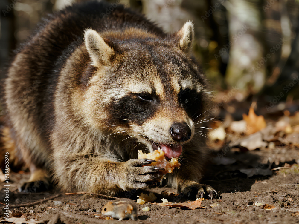 Obraz premium Close-up of a raccoon eating food on the forest floor with natural sunlight. Perfect for wildlife photography, educational materials, animal behavior studies, nature documentaries