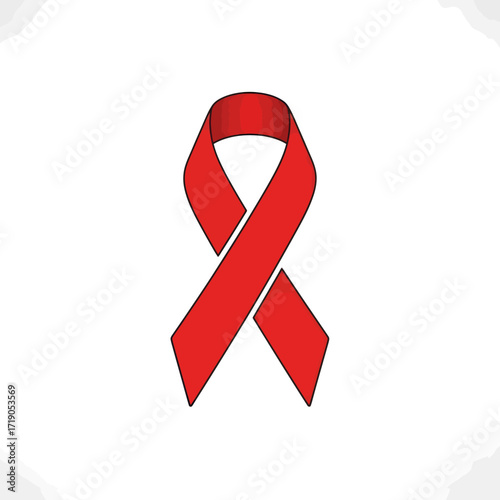 Red ribbon, symbol for AIDS awareness, on a white background.