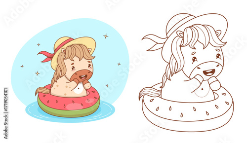 Summer Lucky Animal Horse In Hat On Inflatable Watermelon Ring set. Outline Line and Color drawing, Coloring book. Isolated Funny kawaii Pony character vacation. Vector illustration. Not AI