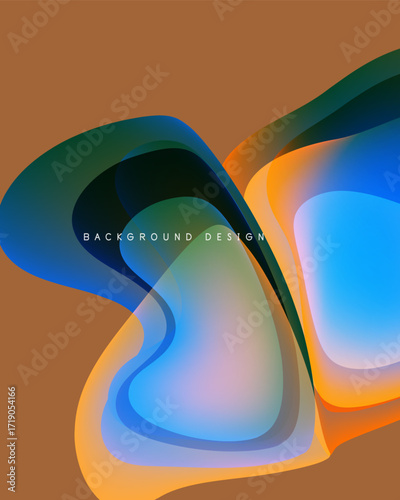 Abstract fluid shapes overlap, creating vibrant color blends. Background features warm brown tones, smooth gradients. Design feels modern, dynamic.