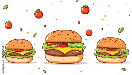 Cartoon hamburgers, three variations, with scattered tomatoes and herbs